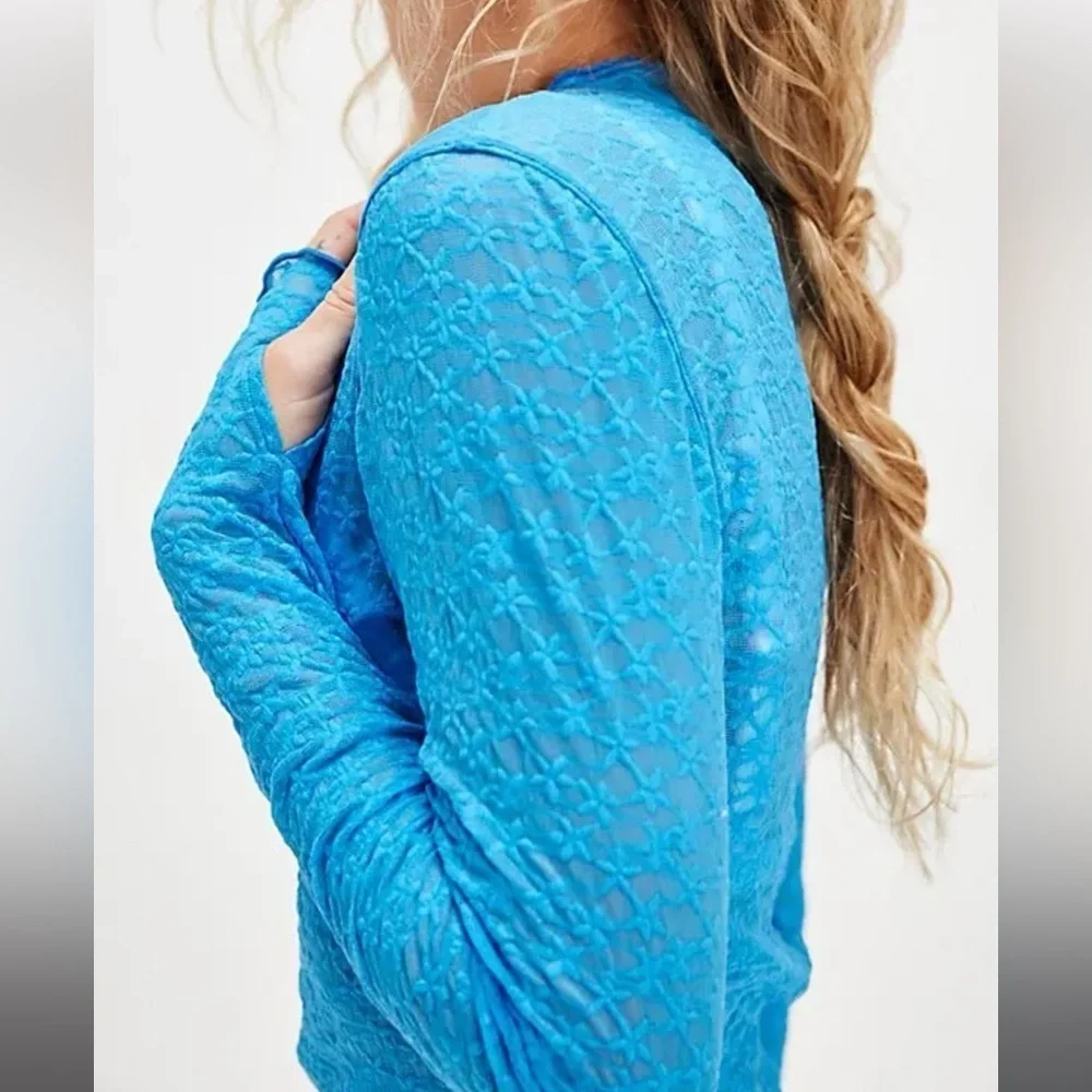 NWT Free People From The Start Mockneck Long Sleeve in Aurora Blue